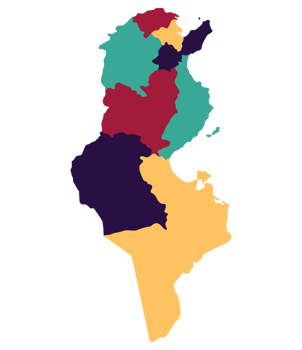 Tunisia map. Map of Tunisia in four main regions in multicolor png
