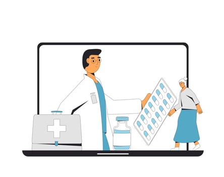 Online medical consultation. Telemedicine. Doctor distant advise. Health care by internet. Healthcare services. Vector flat illustration.