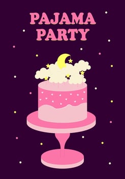 Pajama party poster invitation. Cake decorated with clouds and moon with stars. Themed bachelorette party, sleepover or birthday party. Vector illustration