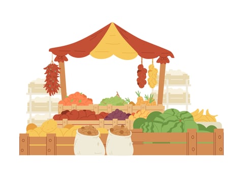 Fruits and vegetables street stall flat vector illustration isolated on white. Green grocery street shop.