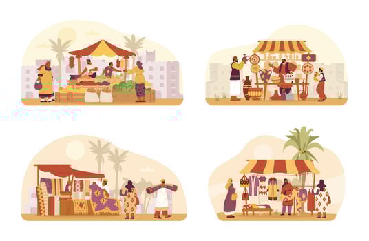 Middle Eastern bazzar scenes with authentic street stalls with sellers and buyers and ancient city at the background vector illustrations set.