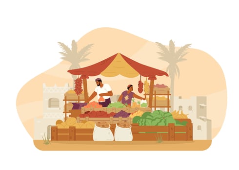 Middle Eastern family father and son selling fruits and vegetables in a marketplace with ancient city at the background flat vector illustration. Green grocery street shop with sellers.