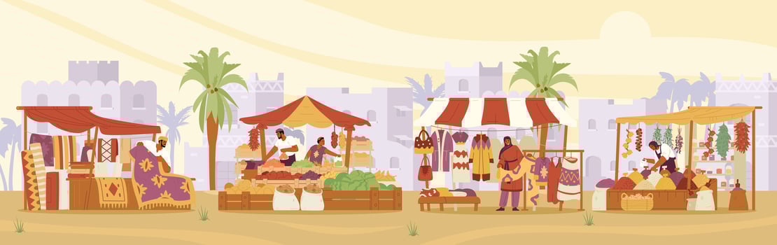 Arabian street bazaar with sellers with carpets, clothes and spices stalls horizontal banner. Middle Eastern market with ancient city at the background flat vector illustration.