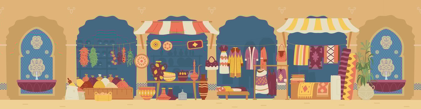 Arabian street market with pottery, carpets, clothes and spices stalls vector horizontal banner. Middle Eastern bazaar flat vector illustration.