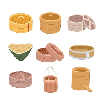 bamboo steamer set cartoon vector illustration