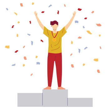 Vector illustration of man stand on the award winners podium and hold the winners cups.