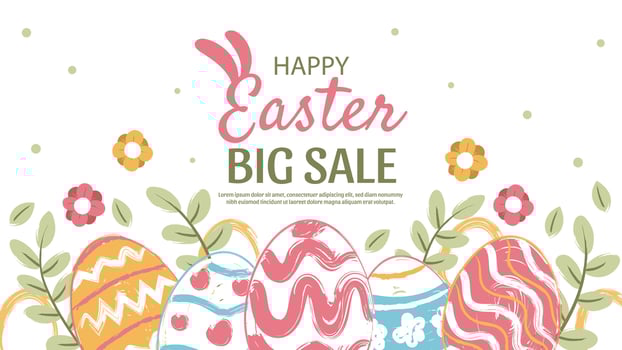 happy Easter banner, poster, greeting card. Trendy Easter design with typography, bunnies, flowers, eggs, in pastel colors. Watercolor style vector