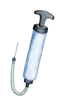 Watercolor illustration of a pump for inflating balls. The blue compressor is pumping air, blowing. Bubble concept. Tools for mechanical air pumping. Isolated . Drawn by hand. png