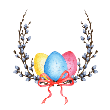 Watercolor illustration of an Easter wreath made of twigs and willow branches with a bow and painted eggs. Decor for the holiday. Religion, tradition, Easter. Isolated png