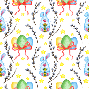 Watercolor illustration seamless easter pattern blue bunny, painted eggs, bow, webra branches and stars. Religion, tradition, Easter. Isolated. Drawn by hand. png
