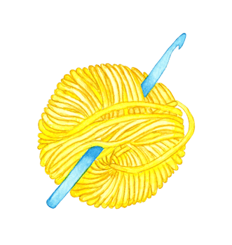 Watercolor illustration of a crochet hook stuck into a yellow skein. A ball of wool for knitting. Crochet stitches and stitches. Creativity, knitting, needlework. Isolated. Drawn by hand. png