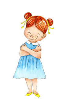 Watercolor illustration of a little red-haired girl in a blue dress and yellow shoes hugs herself. Love yourself, love your body, motivation. Take time for yourself. Isolated. Drawn by hand. png