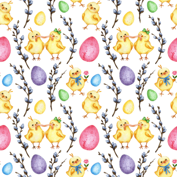 Watercolor illustration of a seamless Easter pattern with yellow chickens, painted eggs and pussy willow branches. Religion, tradition, Easter. Isolated. Drawn by hand. png