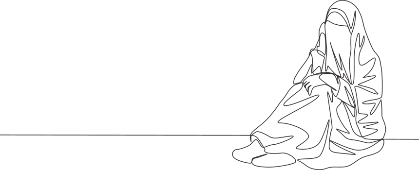 Single continuous line drawing of young attractive middle east muslimah wearing burqa sitting on the floor. Traditional muslim woman niqab with hijab concept one line draw design illustration png