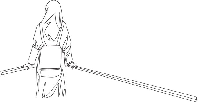 One single line drawing of young beauty middle east muslimah wearing burqa and carrying bag, back view. Traditional Arabian woman niqab cloth concept continuous line draw design illustration png