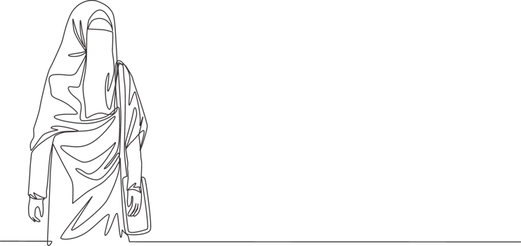 One single line drawing of young attractive Asian muslimah wearing burqa while carrying pocket bag. Traditional beauty Arabian woman niqab cloth concept continuous line draw design illustration png