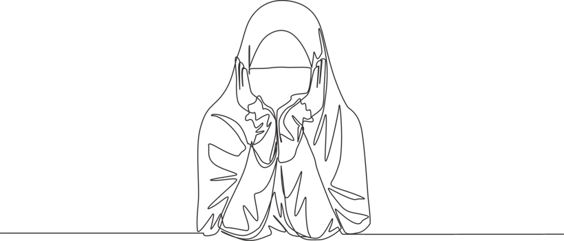 One continuous line drawing of young pretty middle east muslimah wearing burqa with headscarf. Traditional beautiful Islamic woman niqab dress concept single line draw design illustration png