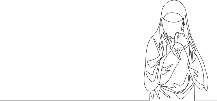 One continuous line drawing of young attractive Asian muslimah wearing burqa while touching her chest. Traditional beauty Islamic woman niqab dress concept single line draw design illustration png