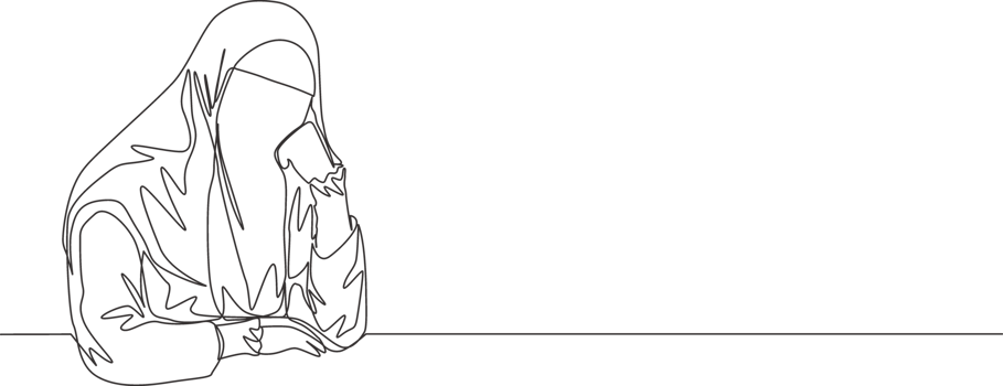 Single continuous line drawing of young pretty saudi arabian muslimah wearing burqa and pensive seriously. Traditional muslim woman niqab with hijab concept one line draw design illustration png