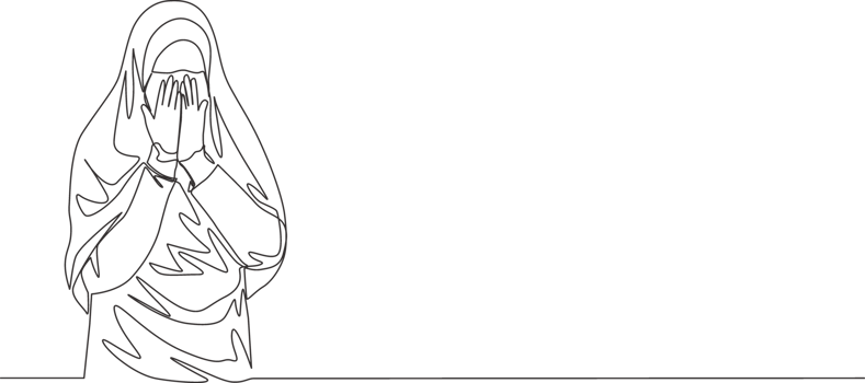 Single continuous line drawing of young cute saudi arabian muslimah wearing burqa and covering face with hands. Traditional muslim woman niqab hijab concept one line draw design illustration png