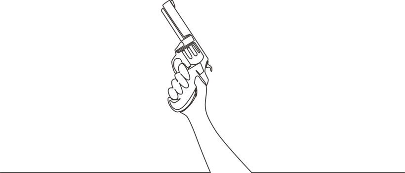 Single continuous line drawing of man holding revolver hand gun. Defense weapon concept. One line draw design illustration png
