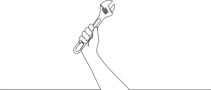 One continuous line drawing of man holding stainless steel wrench key. Handyman tools concept. Single line draw design illustration png