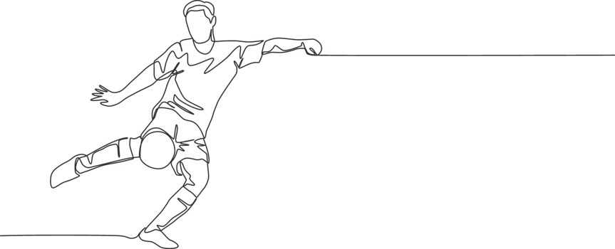 Single continuous line drawing of young energetic football striker shooting a first time kick technique. Soccer match sports concept. One line draw design illustration png