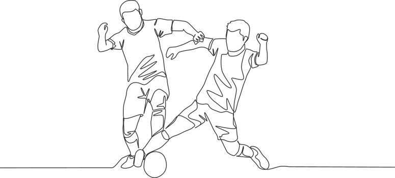 Single continuous line drawing of two football players fighting for the ball at the game. Soccer match sports concept. One line draw design illustration png