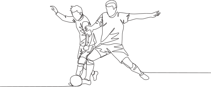 Single continuous line drawing of young energetic football player fighting for the ball at the competition game. Soccer match sports concept. One line draw design illustration png