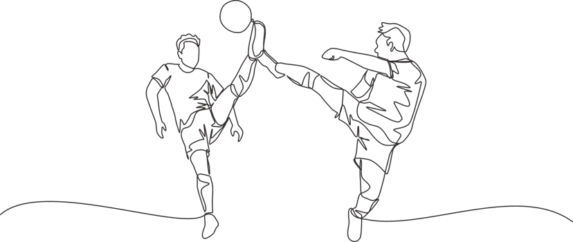 Single continuous line drawing of two young energetic opposite football players kick the ball together to get the ball. Soccer match sports concept. One line draw design illustration png