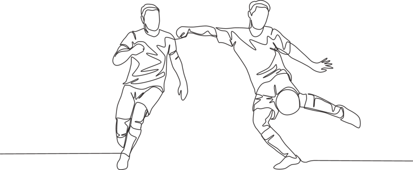 One continuous line drawing of young energetic striker kicking the ball but the defender try to block the shoot. Soccer match sports concept. Single line draw design illustration png