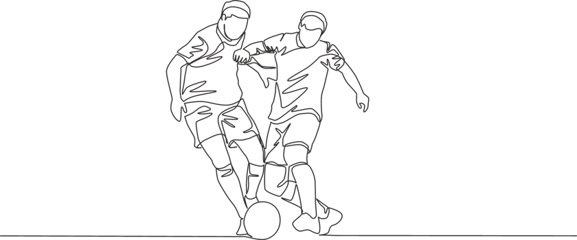 One continuous line drawing of young energetic football player try to pass opponent defender and score the ball to the goal. Soccer match sports concept. Single line draw design illustration png