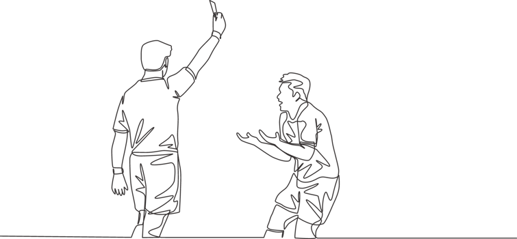 Single continuous line drawing of referee punished young football player a yellow card to his foul at the game. Soccer match sports concept. One line draw design illustration png