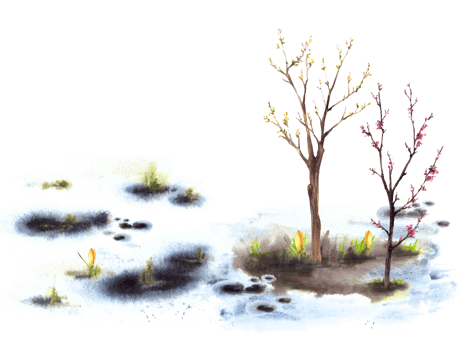Primary plants flowers, blossoming spring tree, first buds and leaves on the trees on background of melting snow. Hand drawn watercolor landscape Nature awakening after winter illustration png