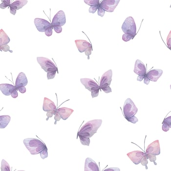 Watercolor illustration of pink and lilac butterflies. Seamless pattern, gentle, airy. For fabric, textile, wallpaper, prints scrap paper vector