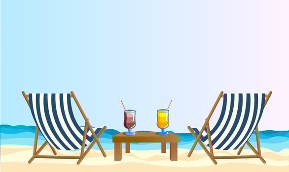 Wide banner. Sea coast, two deck chairs cocktails on the beach, sun sea and sand. Summer vacation in hot countries, beach holidays. Banner for advertising tours, travel, vacation vector