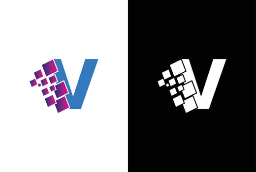 Initial Letter V digital pixel logo design template element. Letter V Pixel logo, Triangle, Blue color, Technology and digital logotype. vector
