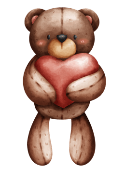 Cute and cuddly teddy bear doll standing hug heart in watercolor style png