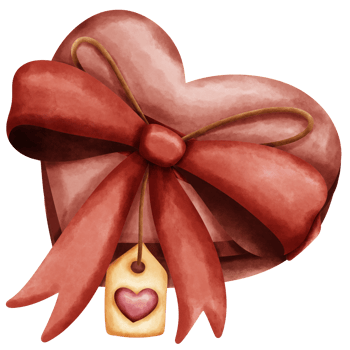 Cute heart shape gift box with red ribbon and heart label in watercolor style png