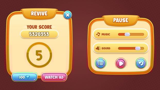 Game UI vector set - revive and pause popups, buttons, diamond and sliders for building 2d games on mobile and web. This all-inclusive graphical user interface GUI set is in a soft style.