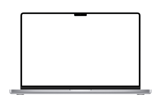 Detailed front side photo of laptop without background. Template for mockup png