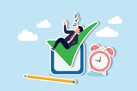 Effortlessly meeting deadlines, enhancing efficiency and productivity, ticking off tasks, completing checklists with ease  concept, businessman relax sleep on complete checkbox with alarm clock. vector