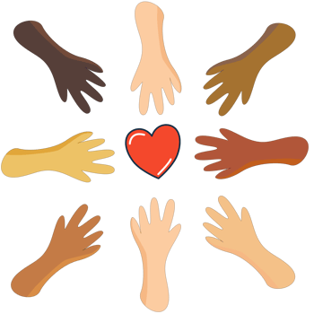 Multi ethnic group holding hands to heart. Unity, support and collaboration concept png