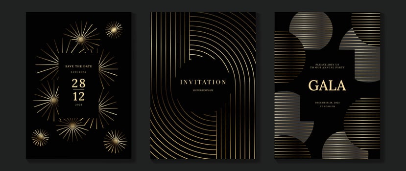 Luxury invitation card background vector. Golden elegant geometric shape, gold lines gradient, firework on dark background. Premium design illustration for gala card, grand opening, wedding. vector