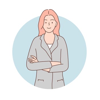 Businesswoman smiling happily, feeling happy, satisfied and relaxed, with crossed arms. Pastel color hand drawn style vector design illustration.