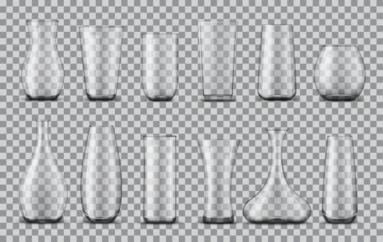 Realistic glass flower vases isolated vector set