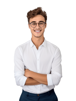 AI generated a smiling young man in glasses and blue shirt, png