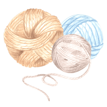 Watercolor three tangles of  threads, wool knitting yarn. Template illustration knitting crochet hook and needles. Isolated hand drawn illustration for card, knitter blog, needlework store, embroidery png