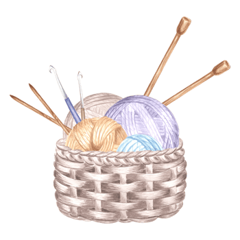 Tangles of threads in basket, wooden knitting needles and crochet hooks. Watercolor template illustration of hobby knitting. Isolated hand drawn illustration for card, knitter blog, needlework store. png