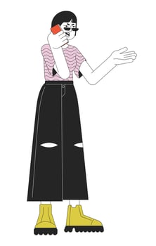 Korean woman arguing on phone line cartoon flat illustration. Complaining female 2D lineart character isolated on white background. Emotional expressing, body language scene vector color image